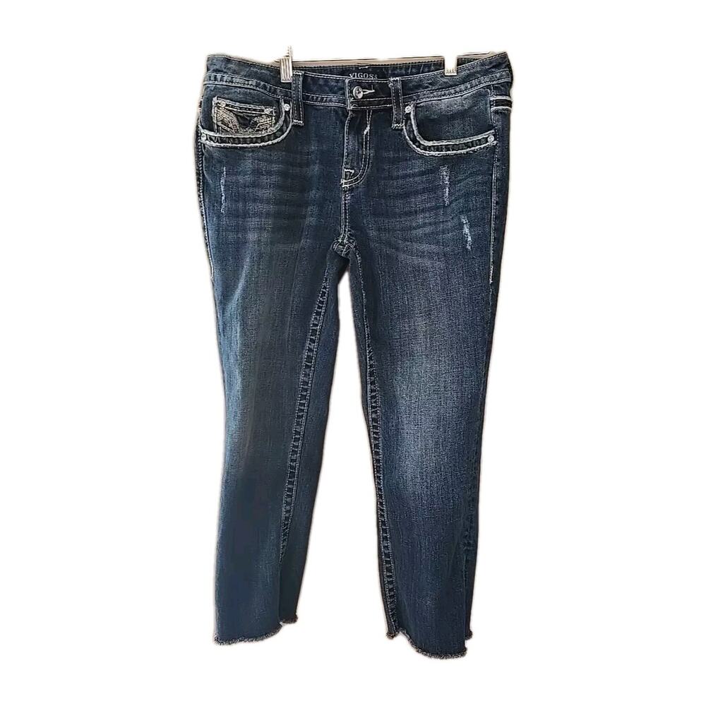 VIGOSS Blue Denim Straight Leg Mid Rise Raw Hem Distressed Jeans Womans Size 11